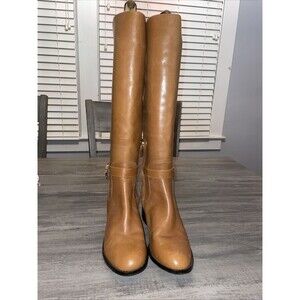 Michael Kors Hamilton Riding Boots Tan Leather Gold Lock Size 5.5 M US